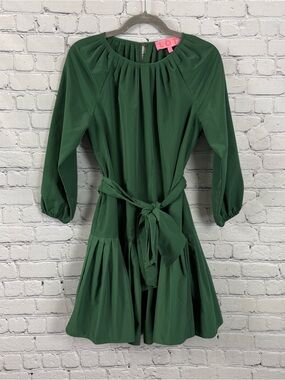 LDT Hunter Tie-Waist Mini Belted Dress Pleated Hem Womens 4 Forest Green